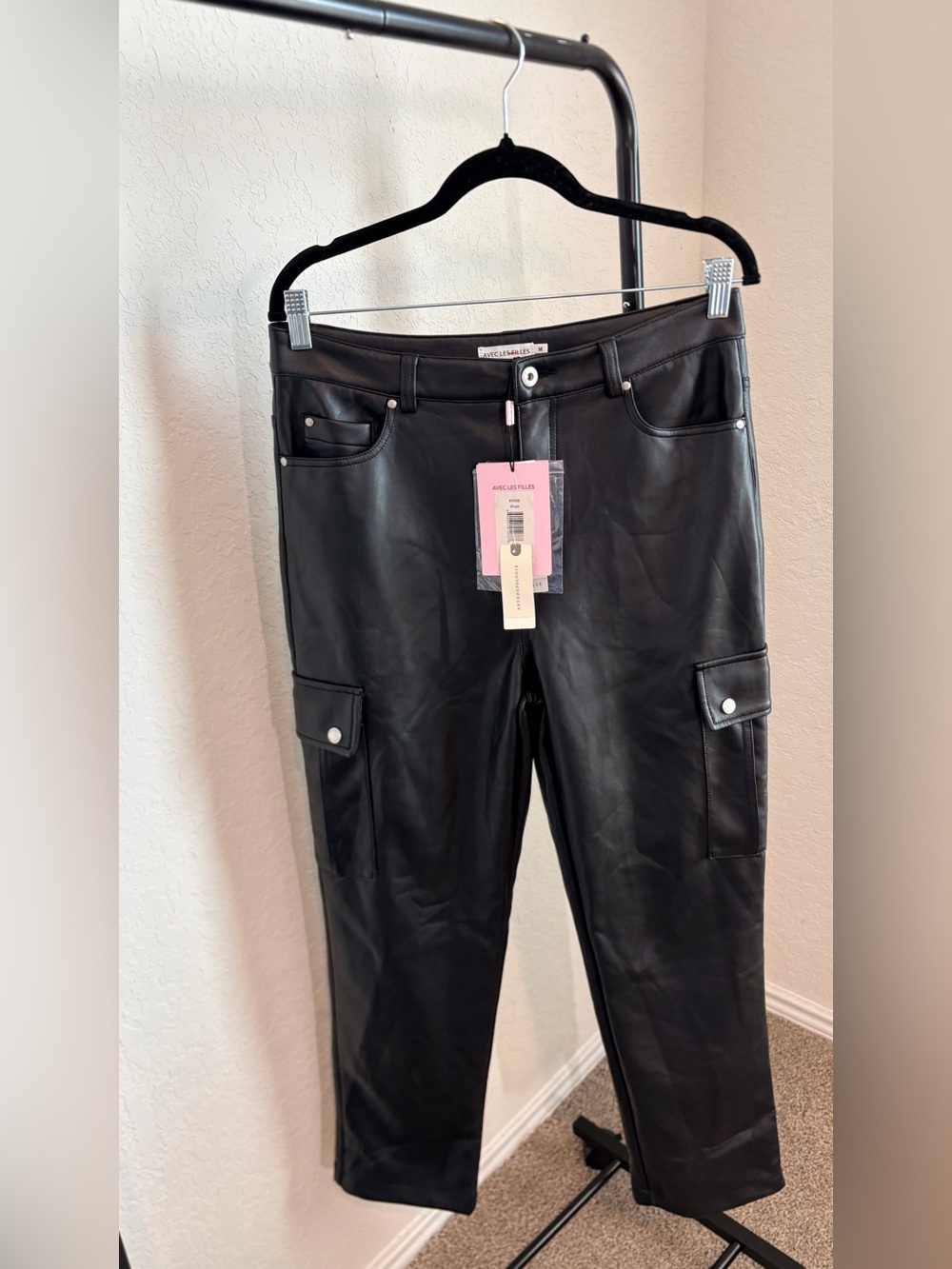 Avec Les Filles Anthropologie Gabi Black Vegan Faux Leather Cargo Utility Pants